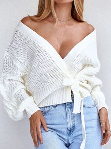 White Tie-up Design Deep V Neck Long Sleeves Sweater