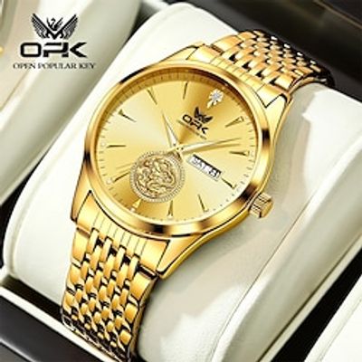 OPK Quartz Watch for Men Luxury Diamond Dragon Design Gold Wristwatch Calendar Stainless Steel Waterproof Luminous Men's Watch miniinthebox OPK Quartz Watch for Men Luxury Diamond Dragon Design Gold Wristwatch Calendar Stainless Steel Waterproof Luminous Men's Watch miniinthebox