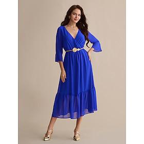 Chiffon Wedding Guest Royal Blue Belted 3/4 Length Sleeve V Neck Midi Dressdress to impress 2024