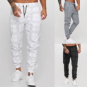 Men's Joggers Trousers Casual Pants Plaid Drawstring Trousers Elastic Waist Print Plaid Geometry Outdoor Sports Full Length Formal Sports Outdoor Streetwear Casual Light Grey Dark Gray Micro-elastic Lightinthebox