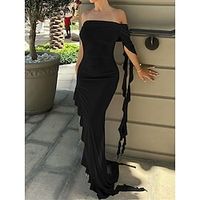 Women's Black Dress Prom Dress Party Dress Dress Long Dress Maxi Dress White 34 Length Sleeve Ruffle Spring Fall Winter Off Shoulder Fashion Birthday Evening Par Lightinthebox - thumbnail