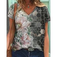 Women's Floral Theme Geometric Painting T shirt Floral Geometric Print V Neck Basic Tops Blue Pink Khaki / 3D Print miniinthebox - thumbnail