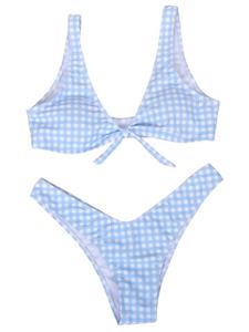 Lacing Plaid Deep V String Bikini Sets