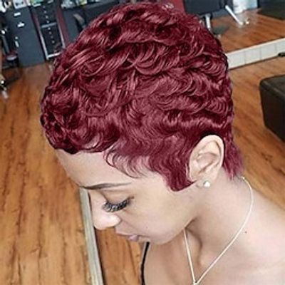 Short Curly Pixie Cut Wigs with Bangs Wine Red Color Short Human Hair Wigs for Black Women Cute Daily Wear Wig Burgundy 99J Color Lightinthebox