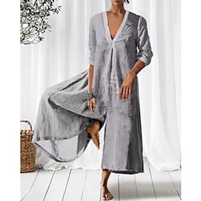 Women's Romper Patchwork Solid Color V Neck Casual Daily Wide Leg Loose Fit Long Sleeve Bishop Sleeve Red Blue Green S M L Spring Lightinthebox Women's Romper Patchwork Solid Color V Neck Casual Daily Wide Leg Loose Fit Long Sleeve Bishop Sleeve Red Blue Green S M L Spring Lightinthebox