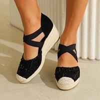 Women's Heels Sandals Boho Bohemia Beach Wedge Sandals Espadrille Party Vacation Beach Sequin Wedge Round Toe Bohemia Vacation Cute Microbial Leather Faux Suede Elastic Band Almond Black Lightinthebox