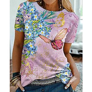 Women's Floral Theme Butterfly Painting T shirt Floral Graphic Print Round Neck Basic Tops Blushing Pink miniinthebox