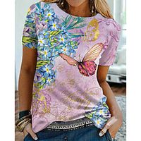 Women's Floral Theme Butterfly Painting T shirt Floral Graphic Print Round Neck Basic Tops Blushing Pink miniinthebox - thumbnail