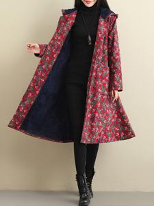 Vintage Floral Printed Hooded Thick Coat
