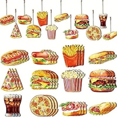24pcs Fast Food Christmas Tree Ornaments Wooden Pizza Hamburger French Fries Hanging Christmas Decoration Food Christmas Tree Ornaments Gifts French Fries Ornaments Home Christmas Party Supplies miniinthebox