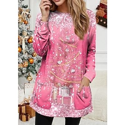 Women's Pullover Christmas Sweatshirt Sportswear Festival Pocket Print Pink Christmas Tree Party Christmas Round Neck Long Sleeve Top Micro-elastic Fall  Winter Lightinthebox