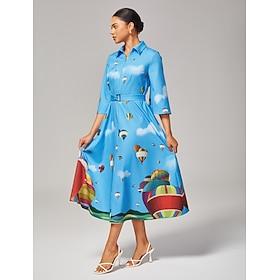 Women's Hot Air Balloon Print Maxi Dress Shirt Collar Belted Waist Flare Sleeve Zipper Elegant Slim Fit Stylish Work Daily Fall