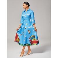 Women's Hot Air Balloon Print Maxi Dress Shirt Collar Belted Waist Flare Sleeve Zipper Elegant Slim Fit Stylish Work Daily Fall