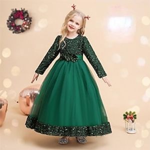 Kids Girls' Party Dress Solid Color Long Sleeve Formal Performance Wedding Sequins Ruched Mesh Princess Beautiful Cotton Polyester Maxi Party Dress Spring Fall Winter 4-12 Years Champagne Pink Red Lightinthebox