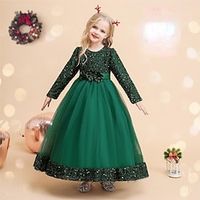 Kids Girls' Party Dress Solid Color Long Sleeve Formal Performance Wedding Sequins Ruched Mesh Princess Beautiful Cotton Polyester Maxi Party Dress Spring Fall Winter 4-12 Years Champagne Pink Red Lightinthebox - thumbnail