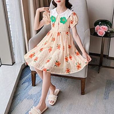 Kids Little Girls' Dress Floral A Line Dress Daily Holiday Ruched Print Green Orange Knee-length Short Sleeve Cute Sweet Dresses Spring Summer Regular Fit 3-12 Years Lightinthebox
