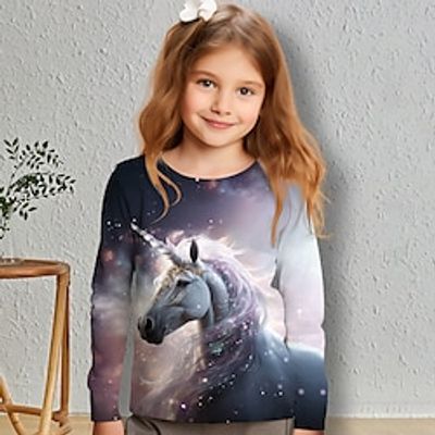 Girls' 3D Unicorn Tee Shirt Long Sleeve 3D Print Spring Fall Active Fashion Cute Polyester Kids 3-12 Years Crew Neck Outdoor Casual Daily Regular Fit Lightinthebox