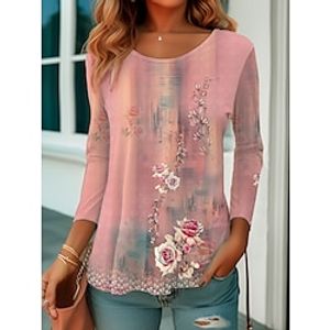 Women's T shirt Tee Yellow Pink Floral Print Long Sleeve Holiday Weekend Fashion Round Neck Regular Fit Floral Painting Spring   Fall miniinthebox