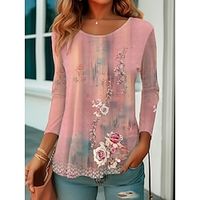 Women's T shirt Tee Yellow Pink Floral Print Long Sleeve Holiday Weekend Fashion Round Neck Regular Fit Floral Painting Spring   Fall miniinthebox - thumbnail
