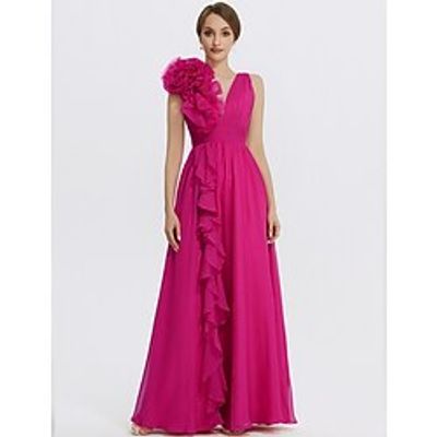 A-Line Evening Gown Floral Dress Formal Wedding Guest Floor Length Sleeveless V Neck Chiffon with Ruched Appliques 2023 Lightinthebox
