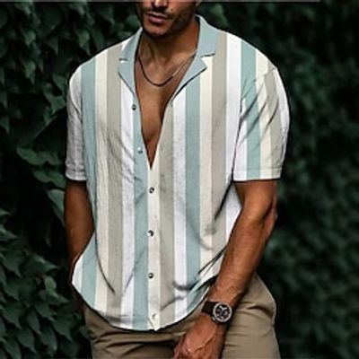 Men's Shirt Button Up Shirt Casual Shirt Summer Shirt Beach Shirt Black White Yellow Blue Orange Short Sleeve Stripes Lapel Hawaiian Holiday Clothing Apparel Fashion Casual Comfortable Lightinthebox