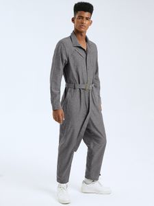 Men Fashion Digital Distortion Belt Design Long Sleeve Jumpsuit