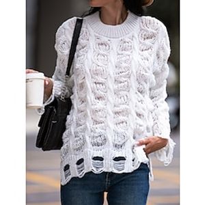 Women's Pullover Sweater Jumper Crew Neck Cable Knit Acrylic Split Knitted Ripped Fall Winter Regular Outdoor Daily Going out Fashion Streetwear Casual Long Sleeve Solid Color White S M L miniinthebox