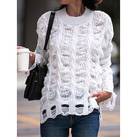 Women's Pullover Sweater Jumper Crew Neck Cable Knit Acrylic Split Knitted Ripped Fall Winter Regular Outdoor Daily Going out Fashion Streetwear Casual Long Sleeve Solid Color White S M L miniinthebox