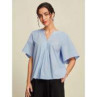 Cotton Solid Pleated Notch Half Sleeve T-shirt