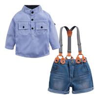 2021 Summer kids suit European and American handsome boy blue striped shirt denim overalls 2pcs