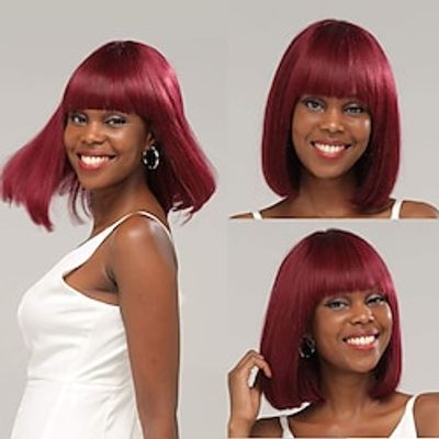 Human Hair Wig with Neat Bang Full Machine Made Straight For Men Women Short Bob Straight Wig Pixie Cut Brazilian Hair None Lace 150% Density Capless Wig Dark Wine#99J Lightinthebox