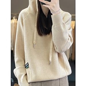 Women's Pullover Sweater Jumper Hooded Ribbed Knit Polyester Oversized Fall Winter Regular Outdoor Daily Going out Stylish Casual Soft Long Sleeve Solid Color Black White Yellow M L XL Lightinthebox