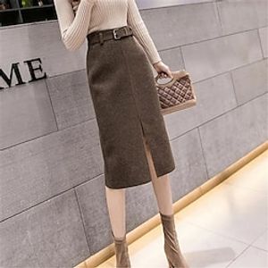 Women's Skirt Bodycon Midi Apricot Black Coffee Belt Skirts Fall  Winter Pocket Split Ends High Waist Fashion Elegant Street Daily M L XL Lightinthebox