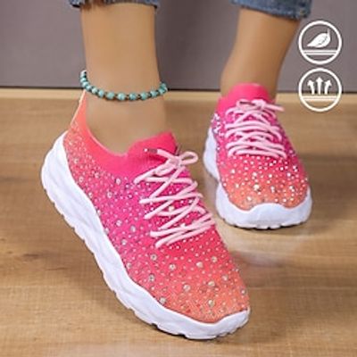 Women's Sparkling Rhinestones Pink Gradient Graphic Print Soft and Highly Elastic Lace-up Fly Knit Sneakers Lightinthebox