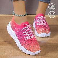 Women's Sparkling Rhinestones Pink Gradient Graphic Print Soft and Highly Elastic Lace-up Fly Knit Sneakers Lightinthebox - thumbnail