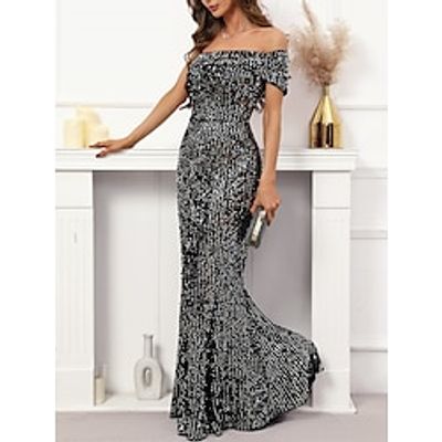 Women's Prom Dress Party Dress Sequin Dress Long Dress Maxi Dress Silver Short Sleeve Pure Color Sequins Spring Fall Winter Strapless Party Wedding Guest Evening Party Vacation 2023 S M L XL XXL 3XL Lightinthebox