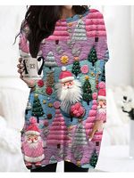 Women's Pink Santa Claus Print Mid-length Top