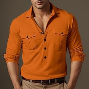 Men's Polo Shirt Button Up Polos Casual Sports Lapel Long Sleeve Fashion Basic Plain Button Front Pocket Spring   Fall Regular Fit Black White Orange Khaki Polo Shirt Lightinthebox