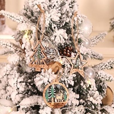 6pcs Christmas Tree Three-Dimensional Hollow-Out Elk Pendant Christmas Colorful Wooden Round Six-Piece Set Of Hanging Ornaments. Lightinthebox