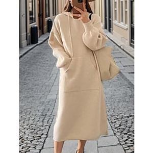 Women's Sweater Dress Jumper Dress Winter Dress Midi Dress Warm Plain Outdoor Casual Daily Going out Boat Neck Long Sleeve Lace up Pocket 2023 Loose Fit Yellow Pink Beige One Size Lightinthebox
