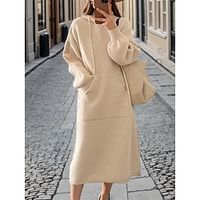 Women's Sweater Dress Jumper Dress Winter Dress Midi Dress Warm Plain Outdoor Casual Daily Going out Boat Neck Long Sleeve Lace up Pocket 2023 Loose Fit Yellow Pink Beige One Size Lightinthebox - thumbnail