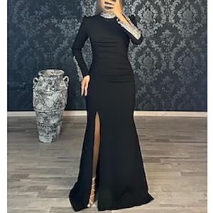 Mermaid Black Dress Evening Gown Glittering Dress Formal Wedding Guest Floor Length Long Sleeve High Neck  Stretch Fabric with Sequin 2023 Lightinthebox