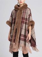 Women's Retro Plaid Imitation Rabbit Fur Collar Shawl Cape Loose Woolen Coat Cardigan