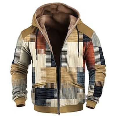 Graphic Plaid Men's Daily 3D Printing Hoodie Holiday Vacation Going out Hoodies Orange Khaki Long Sleeve Hooded Print Fall  Winter Designer Hoodie Sweatshirt Lightinthebox