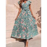 Women's Casual Dress Swing Dress Floral Lace up Print V Neck Long Dress Maxi Dress Streetwear Maxi Street Holiday Short Sleeve Summer Lightinthebox