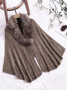 Faux Fur Collar Beading Plain Cape
