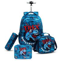 Eazy Kids 18Inch Set Of 4 Trolley School Bag With Bento Lunch Box Lunch Bag And Pencil Case - Trex Dinosaur - Blue