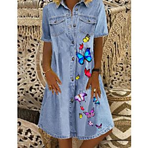 Women's Denim Shirt Dress Knee Length Dress Blue Short Sleeve Butterfly Animal Pocket Button Front Print Summer Shirt Collar Casual 2021 M L XL XXL 3XL miniinthebox