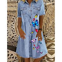 Women's Denim Shirt Dress Knee Length Dress Blue Short Sleeve Butterfly Animal Pocket Button Front Print Summer Shirt Collar Casual 2021 M L XL XXL 3XL miniinthebox - thumbnail