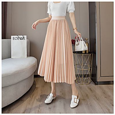 Women's Holiday Weekend Basic Streetwear Swing Ankle-Length Skirts Chiffon Solid Colored Tulle Pleated Blue Blushing Pink Black / Loose miniinthebox